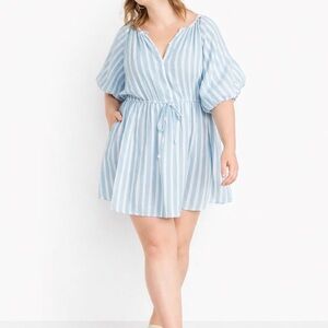 Old Navy Womens Dress‎ 4X Blue White Mini Stripes Short Sleeves Elastic Waist